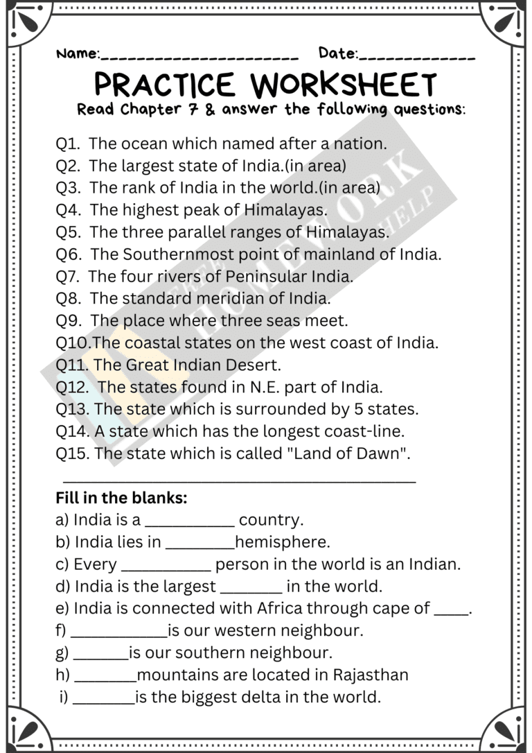 Our Country India Class 6 Worksheet Geography Chapter 7 Free